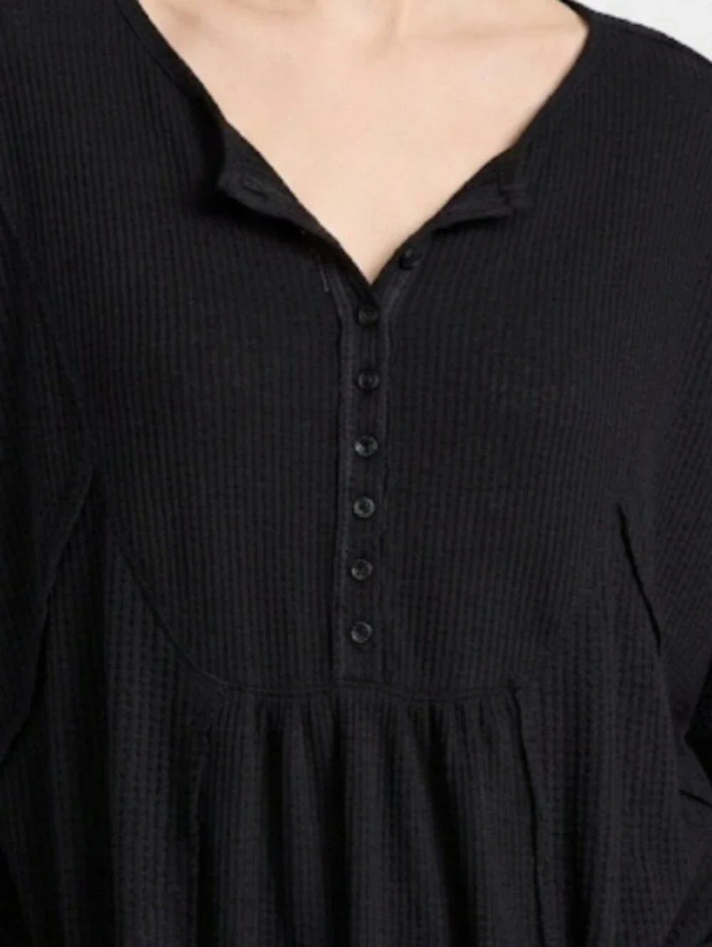FREE PEOPLE Waffle Knit Henley Tunic Top - Black, Size L.